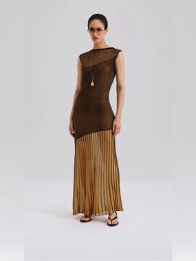 By Malina Sleeveless Brown and gold Striped sheer Maxi Dress size S